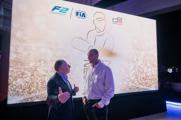 2017 Awards Evening.
Yas Marina Circuit, Abu Dhabi, United Arab Emirates.
Sunday 26 November 2017.
Jean Todt, President, FIA with Bruno Michel.
Photo: Zak Mauger/FIA Formula 2/GP3 Series.
ref: Digital Image _56I3573 2017 Awards Evening.
Yas Marina Circuit, Abu Dhabi, United Arab Emirates.
Sunday 26 November 2017.
Jean Todt, President, FIA with Bruno Michel.
Photo: Zak Mauger/FIA Formula 2/GP3 Series.
ref: Digital Image _56I3573