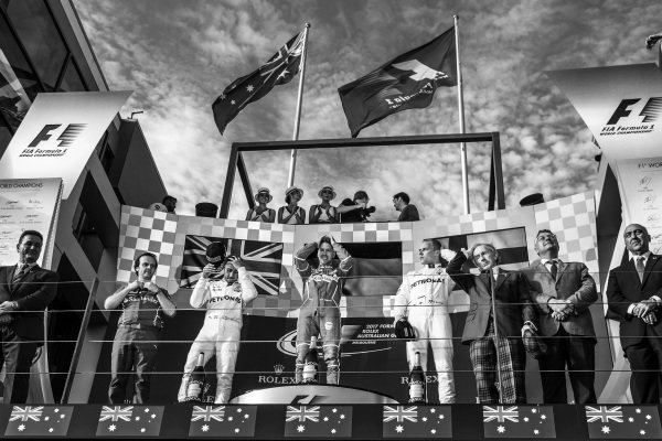 Lewis Hamilton (GBR) Mercedes AMG F1, Luigi Fraboni (ITA) Ferrari Head of Engine Trackside Operations, race winner Sebastian Vettel (GER) Ferrari and Valtteri Bottas (FIN) Mercedes AMG F1 celebrate on the podium with Jackie Stewart (GBR) at Formula One World Championship, Rd1, Australian Grand Prix, Race, Albert Park, Melbourne, Australia, Sunday 26 March 2017. Lewis Hamilton (GBR) Mercedes AMG F1, Luigi Fraboni (ITA) Ferrari Head of Engine Trackside Operations, race winner Sebastian Vettel (GER) Ferrari and Valtteri Bottas (FIN) Mercedes AMG F1 celebrate on the podium with Jackie Stewart (GBR) at Formula One World Championship, Rd1, Australian Grand Prix, Race, Albert Park, Melbourne, Australia, Sunday 26 March 2017.