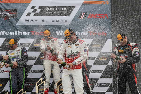 #60 Roush Performance / KohR Motorsports, Ford Mustang GT4, GS: Nate Stacy, Kyle Marcelli, podium, #8 Multimatic Motorsports, Ford Mustang GT4, GS: Chad McCumbee, Patrick Gallagher, #82 BimmerWorld Racing, BMW M4 GT4, GS: James Clay, Tyler Cooke, champagne #60 Roush Performance / KohR Motorsports, Ford Mustang GT4, GS: Nate Stacy, Kyle Marcelli, podium, #8 Multimatic Motorsports, Ford Mustang GT4, GS: Chad McCumbee, Patrick Gallagher, #82 BimmerWorld Racing, BMW M4 GT4, GS: James Clay, Tyler Cooke, champagne