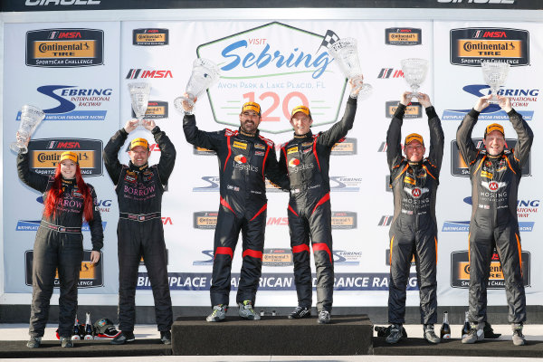 2017 IMSA Continental Tire SportsCar Challenge
Visit Sebring 120
Sebring International Raceway, Sebring, FL USA
Friday 17 March 2017
44, Nissan, Altima, ST, Sarah Cattaneo, Owen Trinkler, 17, Porsche, Porsche Cayman, ST, Spencer Pumpelly, Nick Galante, 56, Porsche, Porsche Cayman, ST, Jeff Mosing, Eric Foss, podium
World Copyright: MIchael L. Levitt
LAT Images
ref: Digital Image levitt_seb_0317-15500