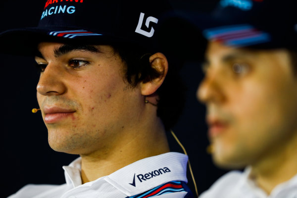 Interlagos, Sao Paulo, Brazil.
Thursday 09 November 2017.
Lance Stroll, Williams Martini Racing, and Felipe Massa, Williams Martini Racing, in the press conference.
World Copyright: Glenn Dunbar/LAT Images 
ref: Digital Image _31I8382