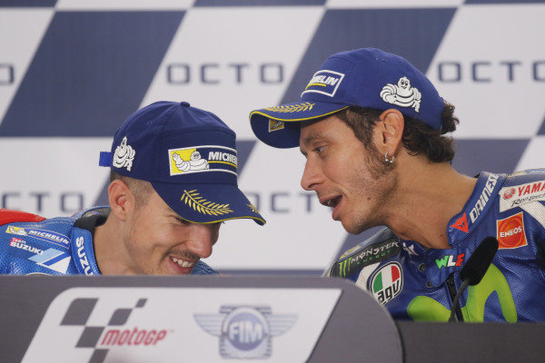 2016 MotoGP Championship. 
British Grand Prix. 
Silverstone, England. 2nd - 4th September 2016. 
Maverick Vinales, Suzuki, and Valentino Rossi, Yamaha, during the press conference. 
Ref: _W7_9609a. World copyright: Kevin Wood/LAT Photographic