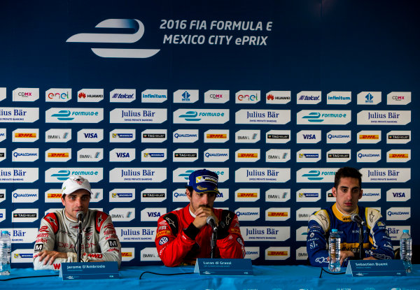 2015/2016 FIA Formula E Championship.
Mexico City ePrix, Autodromo Hermanos Rodriguez, Mexico City, Mexico.
Saturday 12 March 2016.
Lucas Di Grassi (BRA), ABT Audi Sport FE01, Jerome D'Ambrosio (FRA) Dragon Racing - Venturi VM200-FE-01 and Sebastien Buemi (SUI), Renault e.Dams Z.E.15.
Photo: Zak Mauger/LAT/Formula E
ref: Digital Image _79P4235