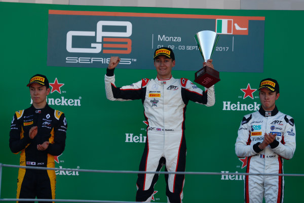 2017 GP3 Series Round 6. 
Autodromo Nazionale di Monza, Monza, Italy.
Sunday 3 September 2017.
Jack Aitken (GBR, ART Grand Prix), George Russell (GBR, ART Grand Prix), Anthoine Hubert (FRA, ART Grand Prix). 
Photo: Sam Bloxham/GP3 Series Media Service.
ref: Digital Image _W6I4471