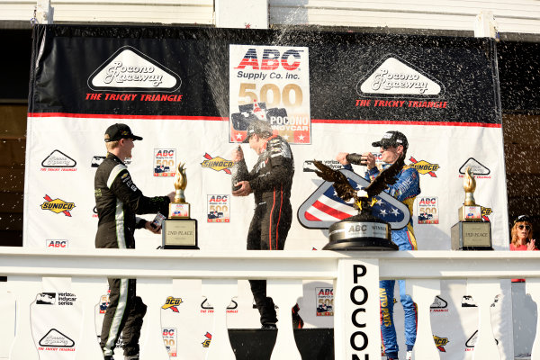 Verizon IndyCar Series
ABC Supply 500
Pocono Raceway, Long Pond, PA USA
Monday 21 August 2017
Josef Newgarden, Team Penske Chevrolet, Will Power, Team Penske Chevrolet and Alexander Rossi, Curb Andretti Herta Autosport with Curb-Agajanian Honda spray champagne in Victory Lane
World Copyright: Gregg Feistman
LAT Images