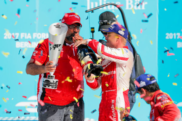 2016/2017 FIA Formula E Championship.
Round 7 - Berlin ePrix, Tempelhof Airport, Berlin, Germany.
Saturday 10 June 2017.
Felix Rosenqvist (SWE), Mahindra Racing, Spark-Mahindra, Mahindra M3ELECTRO sprays the champagne on the podium.
Photo: Zak Mauger/LAT/Formula E
ref: Digital Image _54I7740 2016/2017 FIA Formula E Championship.
Round 7 - Berlin ePrix, Tempelhof Airport, Berlin, Germany.
Saturday 10 June 2017.
Felix Rosenqvist (SWE), Mahindra Racing, Spark-Mahindra, Mahindra M3ELECTRO sprays the champagne on the podium.
Photo: Zak Mauger/LAT/Formula E
ref: Digital Image _54I7740