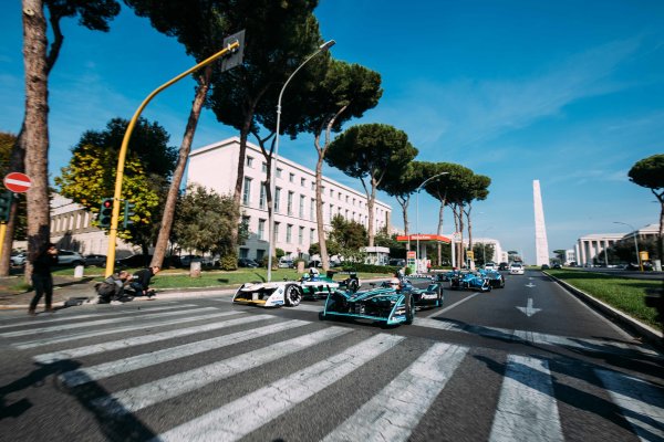 2017/2018 FIA Formula E Championship.
Street Demonstration - Rome, Italy.
Nelson Piquet Jr. (BRA), Panasonic Jaguar Racing, Jaguar I-Type II leads Lucas Di Grassi (BRA), Audi Sport ABT Schaeffler, Audi e-tron FE04 leads Sebastien Buemi (SUI), Renault e.Dams, Renault Z.E 17 
leads Luca Filippi (ITA), NIO Formula E Team, NextEV NIO Sport 003.
Thursday 19 October 2017.
Photo: Malcom Griffiths/LAT/Formula E
ref: Digital Image MALC0794