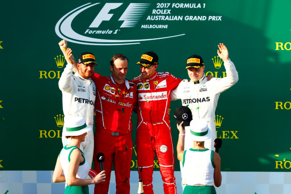 Albert Park, Melbourne, Australia.
Sunday 26 March 2017.
The podium. L-R: Lewis Hamilton, Mercedes AMG, 3rd, Luigi Fraboni, Head of Power Unit Race Operation, Ferrari, winner Sebastian Vettel, Ferrari, and Valtteri Bottas, Mercedes AMG, 3rd.
World Copyright: Sam Bloxham/LAT Images
ref: Digital Image _J6I5231 Albert Park, Melbourne, Australia.
Sunday 26 March 2017.
The podium. L-R: Lewis Hamilton, Mercedes AMG, 3rd, Luigi Fraboni, Head of Power Unit Race Operation, Ferrari, winner Sebastian Vettel, Ferrari, and Valtteri Bottas, Mercedes AMG, 3rd.
World Copyright: Sam Bloxham/LAT Images
ref: Digital Image _J6I5231