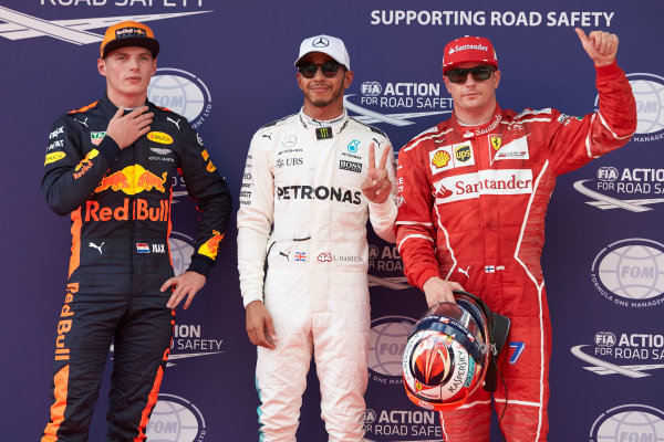 Sepang International Circuit, Sepang, Malaysia.
Saturday 30 September 2017.
Top three Qualifiers Lewis Hamilton, Mercedes AMG, Kimi Raikkonen, Ferrari, and Max Verstappen, Red Bull.
World Copyright: Steve Etherington/LAT Images 
ref: Digital Image SNE19979