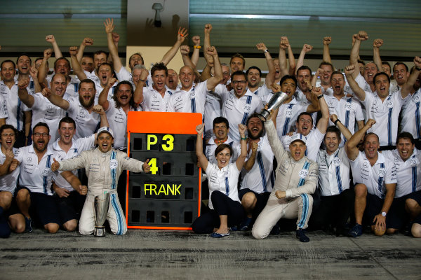 Yas Marina Circuit, Abu Dhabi, United Arab Emirates.
Sunday 23 November 2014.
Felipe Massa, Williams F1, 2nd Position, Valtteri Bottas, Williams F1, 3rd Position, and the Williams team celebrate securing third in the Constructors Championship.
World Copyright: Glenn Dunbar/LAT Photographic.
ref: Digital Image _89P8674 Yas Marina Circuit, Abu Dhabi, United Arab Emirates.
Sunday 23 November 2014.
Felipe Massa, Williams F1, 2nd Position, Valtteri Bottas, Williams F1, 3rd Position, and the Williams team celebrate securing third in the Constructors Championship.
World Copyright: Glenn Dunbar/LAT Photographic.
ref: Digital Image _89P8674