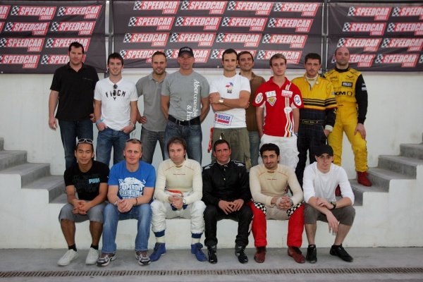 The driver lineup for the Speedcar test days:
Back row, L-R: Christian Jones (AUS), Chris Buncombe (GBR), Marcel Tiemann (GER), Uwe Alzen (GER), Vitantonio Liuzzi (ITA), James Grunwell (THA), Fabrizio Gollin (ITA).
Front row, L-R: Sakon Yamamoto (JPN), Johnny Herbert (GBR), Heinz-Harald Frentzen (GER), Gianni Morbidelli (ITA), Sheikh Hasher Al Maktoum (UAE), Bertrand Baguette (BEL).
Speedcar Series Testing, Dubai, UAE, 10 November 2008. The driver lineup for the Speedcar test days:
Back row, L-R: Christian Jones (AUS), Chris Buncombe (GBR), Marcel Tiemann (GER), Uwe Alzen (GER), Vitantonio Liuzzi (ITA), James Grunwell (THA), Fabrizio Gollin (ITA).
Front row, L-R: Sakon Yamamoto (JPN), Johnny Herbert (GBR), Heinz-Harald Frentzen (GER), Gianni Morbidelli (ITA), Sheikh Hasher Al Maktoum (UAE), Bertrand Baguette (BEL).
Speedcar Series Testing, Dubai, UAE, 10 November 2008.