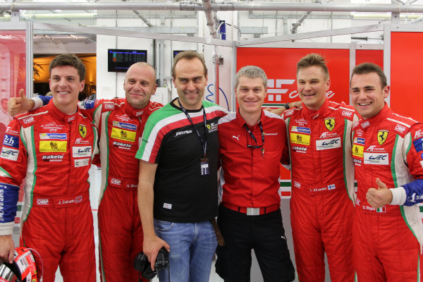 2015 FIA World Endurance Championship,
Bahrain International Circuit, Bahrain.
19th - 21st November 2015.
Gianmaria Bruni / Toni Vilander AF Corse Ferrari F458 Italia and Davide Rigon / James Calado AF Corse Ferrari F458 Italia celebrate pole position.
World Copyright: Jakob Ebrey / LAT Photographic.