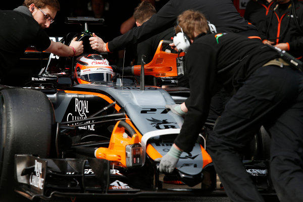 2015 F1 Pre Season Test 3 - Day 2
Circuit de Catalunya, Barcelona, Spain.
Friday 27 February 2015.
Nico Hulkenberg, Force India VJM08 Mercedes, gets pushed back into the garage by the Force India team.
World Copyright: Sam Bloxham/LAT Photographic.
ref: Digital Image _14P2830 2015 F1 Pre Season Test 3 - Day 2
Circuit de Catalunya, Barcelona, Spain.
Friday 27 February 2015.
Nico Hulkenberg, Force India VJM08 Mercedes, gets pushed back into the garage by the Force India team.
World Copyright: Sam Bloxham/LAT Photographic.
ref: Digital Image _14P2830
