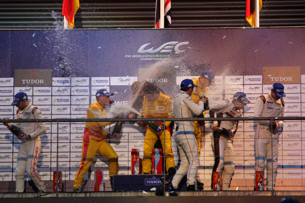 2015 FIA World Endurance Championship,
Spa-Francorchamps, Belgium. 30th April - 2nd May 2015.
GT Pro Podium (l-r) Frederic Makowiecki / Richard Lietz Porsche Team Manthey Porsche 911 RSR, Alex MacDowall / Fernando Rees / Richie Stanaway Aston Martin Racing Aston Martin Vantage V8, Sven Muller / Kevin Estre Porsche Team Manthey Porsche 911 RSR.
World Copyright: Ebrey / LAT Photographic.