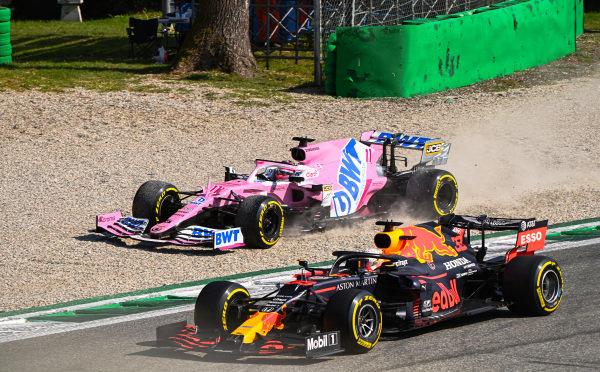 Sergio Perez, Racing Point RP20, heads into the gravel after battling with Max Verstappen, Red Bull Racing RB16 Sergio Perez, Racing Point RP20, heads into the gravel after battling with Max Verstappen, Red Bull Racing RB16