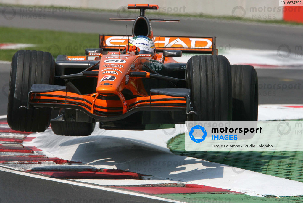 Adrian Sutil, Spyker F8-VII Ferrari, gets airborne over the kerbs at the last chicane during practice. Adrian Sutil, Spyker F8-VII Ferrari, gets airborne over the kerbs at the last chicane during practice.