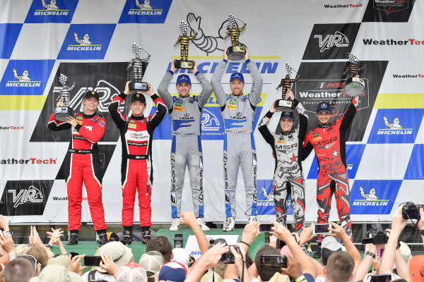 #14 3GT Racing Lexus RCF GT3, GTD: Dominik Baumann, Kyle Marcelli, #58 Wright Motorsports Porsche 911 GT3 R, GTD: Patrick Long, Christina Nielsen, #86 Michael Shank Racing with Curb-Agajanian Acura NSX, GTD: Katherine Legge, Mario Farnbacher, celebrate the win on the podium #14 3GT Racing Lexus RCF GT3, GTD: Dominik Baumann, Kyle Marcelli, #58 Wright Motorsports Porsche 911 GT3 R, GTD: Patrick Long, Christina Nielsen, #86 Michael Shank Racing with Curb-Agajanian Acura NSX, GTD: Katherine Legge, Mario Farnbacher, celebrate the win on the podium