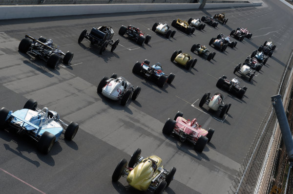 12 October, 2010, Indianapolis, Indiana, USA
33 Historic cars representing the 100 year history of the Indy 500 are gathered on the grid of the Indianapolis Motor Speedway
Â©2010, Dan R. Boyd, USA
LAT Photographic