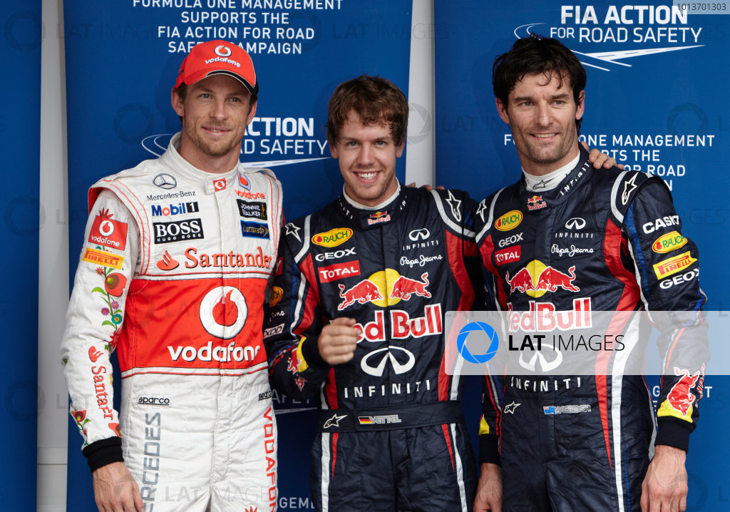 Interlagos, Sao Paulo, Brazil.
26th November 2011.
Top three qualifiers Sebastian Vettel, Red Bull Racing RB7 Renault, Mark Webber, Red Bull Racing RB7 Renault, and Jenson Button, McLaren MP4-26 Mercedes. Portrait.
World Copyright: Steve Etherington/LAT Photographic
ref: Digital Image SNE27557 Interlagos, Sao Paulo, Brazil.
26th November 2011.
Top three qualifiers Sebastian Vettel, Red Bull Racing RB7 Renault, Mark Webber, Red Bull Racing RB7 Renault, and Jenson Button, McLaren MP4-26 Mercedes. Portrait.
World Copyright: Steve Etherington/LAT Photographic
ref: Digital Image SNE27557