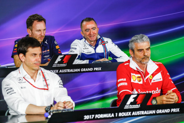 Albert Park, Melbourne, Australia.
Friday 24 March 2017.
Toto Wolff, Executive Director (Business), Mercedes AMG, Christian Horner, Team Principal, Red Bull Racing, Paddy Lowe, Williams Martini Racing Formula 1, and Maurizio Arrivabene, Team Principal, Ferrari, in the Team Principals Press Conference.
World Copyright: Sam Bloxham/LAT Images
ref: Digital Image _J6I1847