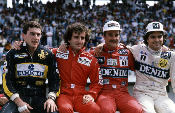 (L to R) Ayrton Senna (BRA) Lotus 98T, 4th place, Alain Prost (FRA) McLaren MP4/2C, 2nd place, Winner Nigel Mansell (GBR) Williams FW11 and Nelson Piquet (BRA) Williams FW11, 3rd place.
Formula One World Championship, Rd 14, Portugese Grand Prix, Estoril, 21 September 1986. (L to R) Ayrton Senna (BRA) Lotus 98T, 4th place, Alain Prost (FRA) McLaren MP4/2C, 2nd place, Winner Nigel Mansell (GBR) Williams FW11 and Nelson Piquet (BRA) Williams FW11, 3rd place.
Formula One World Championship, Rd 14, Portugese Grand Prix, Estoril, 21 September 1986.