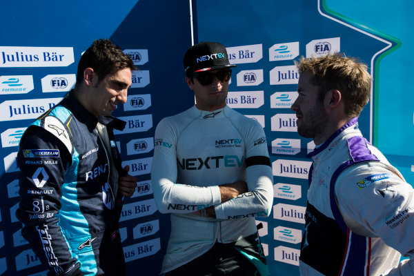 2016/2017 FIA Formula E Championship.
Marrakesh ePrix, Circuit International Automobile Moulay El Hassan, Marrakesh, Morocco.
Sebastien Buemi (SUI), Renault e.Dams, Spark-Renault, Renault Z.E 16, Nelson Piquet (BRA), NextEV NIO, Spark-NEXTEV, NEXTEV TCR Formula 002. & Sam Bird (GBR), DS Virgin Racing, Spark-Citroen, Virgin DSV-02.
Saturday 12 November 2016.
Photo: Sam Bloxham/LAT/Formula E
ref: Digital Image _SLA7843 2016/2017 FIA Formula E Championship.
Marrakesh ePrix, Circuit International Automobile Moulay El Hassan, Marrakesh, Morocco.
Sebastien Buemi (SUI), Renault e.Dams, Spark-Renault, Renault Z.E 16, Nelson Piquet (BRA), NextEV NIO, Spark-NEXTEV, NEXTEV TCR Formula 002. & Sam Bird (GBR), DS Virgin Racing, Spark-Citroen, Virgin DSV-02.
Saturday 12 November 2016.
Photo: Sam Bloxham/LAT/Formula E
ref: Digital Image _SLA7843