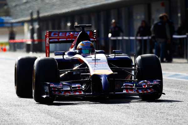 2014 F1 Pre Season Test 1 - Day 1
Circuito de Jerez, Jerez, Spain.
Tuesday 28 January 2014.
Jean-Eric Vergne, Toro Rosso STR9 Renault leaves the pits.
World Copyright: Alastair Staley/LAT Photographic.
ref: Digital Image _A8C7944.JPG