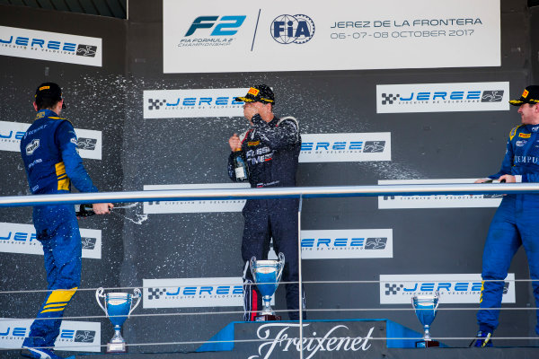 2017 FIA Formula 2 Round 10.
Circuito de Jerez, Jerez, Spain.
Sunday 8 October 2017.
Nicholas Latifi (CAN, DAMS), Artem Markelov (RUS, RUSSIAN TIME), Oliver Rowland (GBR, DAMS). 
Photo: Zak Mauger/FIA Formula 2.
ref: Digital Image _X0W2939