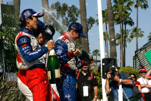 19-21 April 2013, Long Beach, California USA
Justin Wilson, Takuma Sato, Graham Rahal with champagne.(c)2013, Todd Davis
LAT Photo USA