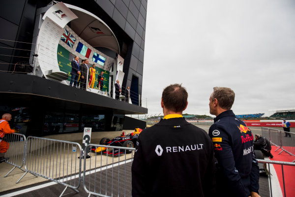 2017 GP3 Series Round 3. 
Silverstone, Northamptonshire, UK.
Sunday 16 July 2017.
Alan Permane, Renault and Jonathan Wheatley, Red Bull Racing watch the podium.
Photo: Zak Mauger/GP3 Series Media Service.
ref: Digital Image _54I5955