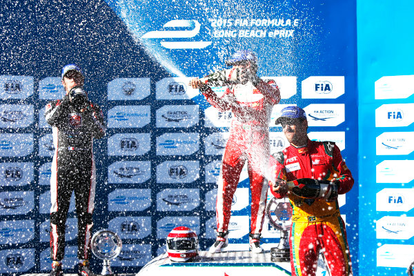 2014/2015 FIA Formula E Championship.
Long Beach ePrix, Long Beach, California, United States of America.
Sunday 5 April 2015
Podium. Nelson Piquet Jr (BRA)/China Racing - Spark-Renault SRT_01E, first, Jean-Eric Vergne (FRA)/Andretti Motorsport - Spark-Renault SRT_01E, second and Lucas di Grassi (BRA)/Audi Abt Sport - Spark-Renault SRT_01E, third.
Photo: Zak Mauger/LAT/Formula E
ref: Digital Image _L0U8747
2014/2015 FIA Formula E Championship.
Long Beach ePrix, Long Beach, California, United States of America.
Sunday 5 April 2015
Podium. Nelson Piquet Jr (BRA)/China Racing - Spark-Renault SRT_01E, first, Jean-Eric Vergne (FRA)/Andretti Motorsport - Spark-Renault SRT_01E, second and Lucas di Grassi (BRA)/Audi Abt Sport - Spark-Renault SRT_01E, third.
Photo: Zak Mauger/LAT/Formula E
ref: Digital Image _L0U8747