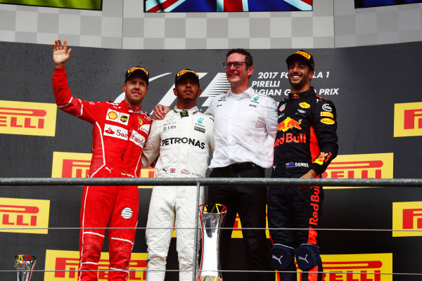 Spa Francorchamps, Belgium.
Sunday 27 August 2017.
Winner Lewis Hamilton, Mercedes AMG, celebrates on the podium with Sebastian Vettel, Ferrari, Daniel Ricciardo, Red Bull Racing and Andrew Shovlin, Chief Race Engineer, Mercedes AMG.
World Copyright: Sam Bloxham/LAT Images
ref: Digital Image _J6I0249 Spa Francorchamps, Belgium.
Sunday 27 August 2017.
Winner Lewis Hamilton, Mercedes AMG, celebrates on the podium with Sebastian Vettel, Ferrari, Daniel Ricciardo, Red Bull Racing and Andrew Shovlin, Chief Race Engineer, Mercedes AMG.
World Copyright: Sam Bloxham/LAT Images
ref: Digital Image _J6I0249