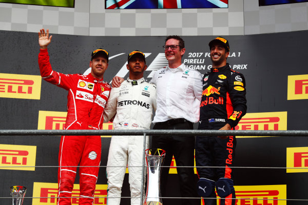 Spa Francorchamps, Belgium. 
Sunday 27 August 2017.
Winner Lewis Hamilton, Mercedes AMG, celebrates on the podium with Sebastian Vettel, Ferrari, Daniel Ricciardo, Red Bull Racing and Andrew Shovlin, Chief Race Engineer, Mercedes AMG. 
World Copyright: Sam Bloxham/LAT Images 
ref: Digital Image _J6I0249