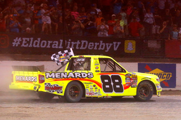 NASCAR Camping World Truck Series
Eldora Dirt Derby
Eldora Speedway, Rossburg, OH USA
Wednesday 19 July 2017
Matt Crafton, Ideal Door / Menards Toyota Tundra celebrates his win with a burnout
World Copyright: Russell LaBounty
LAT Images NASCAR Camping World Truck Series
Eldora Dirt Derby
Eldora Speedway, Rossburg, OH USA
Wednesday 19 July 2017
Matt Crafton, Ideal Door / Menards Toyota Tundra celebrates his win with a burnout
World Copyright: Russell LaBounty
LAT Images