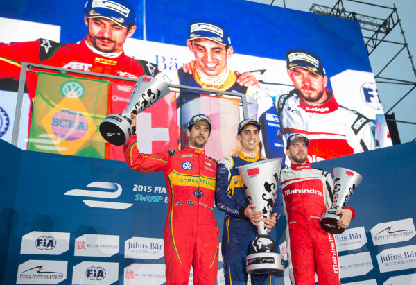 FIA Formula E Championship 2015/16.
Beijing ePrix, Beijing, China.
Race
Sebastien Buemi, RENAULT E.DAMS, Lucas Di Grassi, ABT SCHAEFFLER AUDI SPORT and Nick Heidfeld, MAHINDRA RACING FORMULA E TEAM  on the podium
Beijing, China, Asia.
Saturday 24 October 2015
Photo:  / LAT / FE
ref: Digital Image _L1_4457