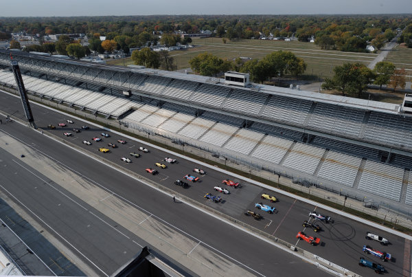 12 October, 2010, Indianapolis, Indiana, USA
33 Historic cars representing the 100 year history of the Indy 500 are gathered on the grid of the Indianapolis Motor Speedway
Â©2010, Dan R. Boyd, USA
LAT Photographic