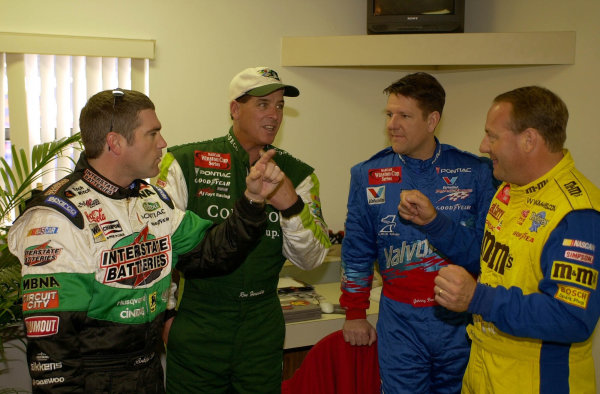 (L to R)Bobby Labonte, Ron Hornaday,Johnny Benson and Ken Schrader go "bench racing".
NASCAR Daytona 500 18 Feb
2001Daytona International Speedway Daytona Beach, Florida, USA
Copyright-F
Peirce Williams 2001 LAT PHOTOGRAPHIC (L to R)Bobby Labonte, Ron Hornaday,Johnny Benson and Ken Schrader go "bench racing".
NASCAR Daytona 500 18 Feb
2001Daytona International Speedway Daytona Beach, Florida, USA
Copyright-F
Peirce Williams 2001 LAT PHOTOGRAPHIC
