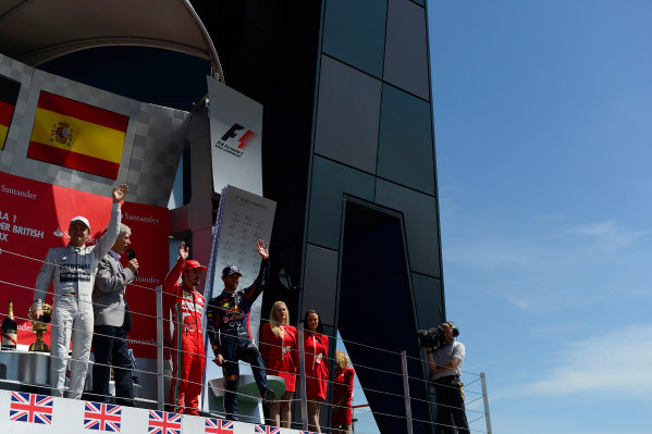 Silverstone, Northamptonshire, England
30th June 2013
Nico Rosberg, Mercedes AMG, 1st position, Mark Webber, Red Bull Racing, 2nd position, and Fernando Alonso, Ferrari, 3rd position, on the podium
World Copyright: Chris Bird/ 
ref: Digital Image _DSC2218