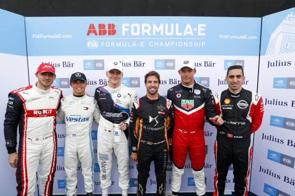 Edoardo Mortara (CHE) Venturi, Nyck De Vries (NLD), Mercedes Benz EQ, Maximilian Günther (DEU), BMW I Andretti Motorsports, Antonio Felix da Costa (PRT), DS Techeetah, Andre Lotterer (DEU), Tag Heuer Porsche, and Sébastien Buemi (CHE), Nissan e.Dams, after qualfying