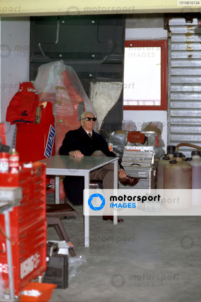 Enzo Ferrari during testing at Imola, making what would be his final visit to a Ferrari Formula 1 pit garage. Enzo Ferrari during testing at Imola, making what would be his final visit to a Ferrari Formula 1 pit garage.