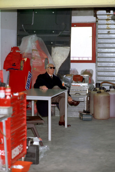 Enzo Ferrari during testing at Imola, making what would be his final visit to a Ferrari Formula 1 pit garage. Enzo Ferrari during testing at Imola, making what would be his final visit to a Ferrari Formula 1 pit garage.
