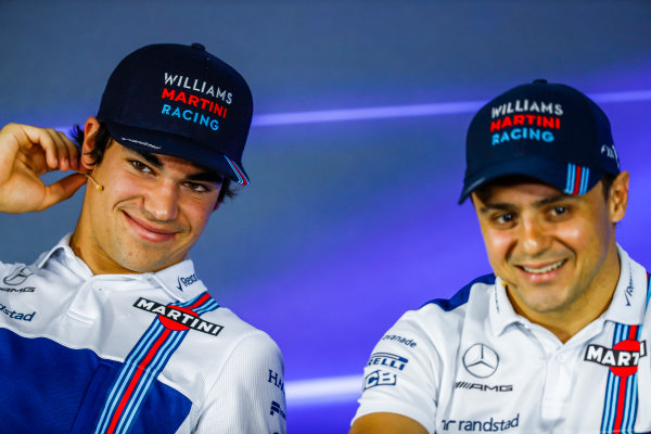 Interlagos, Sao Paulo, Brazil.
Thursday 09 November 2017.
Lance Stroll, Williams Martini Racing, and Felipe Massa, Williams Martini Racing, in the press conference.
World Copyright: Glenn Dunbar/LAT Images 
ref: Digital Image _31I8499