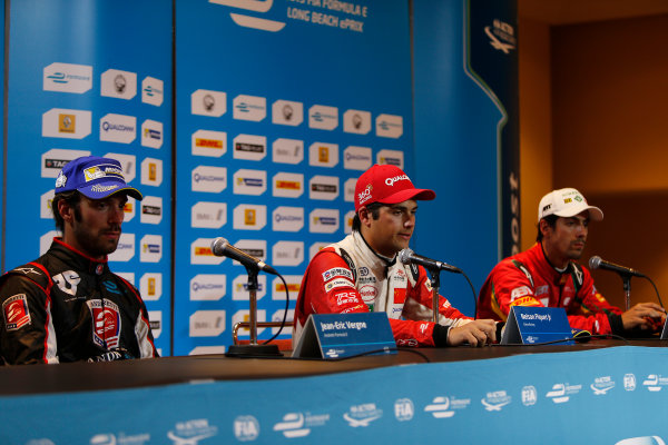 2014/2015 FIA Formula E Championship.
Long Beach ePrix, Long Beach, California, United States of America.
Sunday 5 April 2015
Press Conference. Nelson Piquet Jr (BRA)/China Racing - Spark-Renault SRT_01E, first, Jean-Eric Vergne (FRA)/Andretti Motorsport - Spark-Renault SRT_01E, second and Lucas di Grassi (BRA)/Audi Abt Sport - Spark-Renault SRT_01E, third.
Photo: Zak Mauger/LAT/Formula E
ref: Digital Image _L0U8841
2014/2015 FIA Formula E Championship.
Long Beach ePrix, Long Beach, California, United States of America.
Sunday 5 April 2015
Press Conference. Nelson Piquet Jr (BRA)/China Racing - Spark-Renault SRT_01E, first, Jean-Eric Vergne (FRA)/Andretti Motorsport - Spark-Renault SRT_01E, second and Lucas di Grassi (BRA)/Audi Abt Sport - Spark-Renault SRT_01E, third.
Photo: Zak Mauger/LAT/Formula E
ref: Digital Image _L0U8841