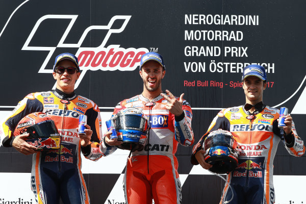 2017 MotoGP Championship - Round 11
Spielberg, Austria
Sunday 13 August 2017
Podium: second place Marc Marquez, Repsol Honda Team, Race winner Andrea Dovizioso, Ducati Team, third place Dani Pedrosa, Repsol Honda Team
World Copyright: Gold and Goose / LAT Images
ref: Digital Image 686853 2017 MotoGP Championship - Round 11
Spielberg, Austria
Sunday 13 August 2017
Podium: second place Marc Marquez, Repsol Honda Team, Race winner Andrea Dovizioso, Ducati Team, third place Dani Pedrosa, Repsol Honda Team
World Copyright: Gold and Goose / LAT Images
ref: Digital Image 686853