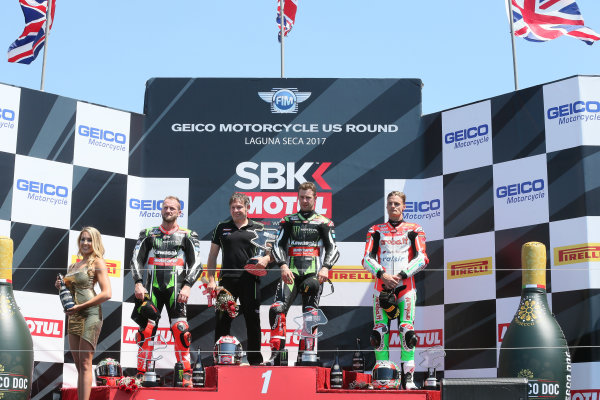 2017 Superbike World Championship - Round 8
Laguna Seca, USA.
Sunday 9 July 2017
Podium: winner Jonathan Rea, Kawasaki Racing, second place Tom Sykes, Kawasaki Racing, third place Chaz Davies, Ducati Team
World Copyright: Gold and Goose/LAT Images
ref: Digital Image 683464