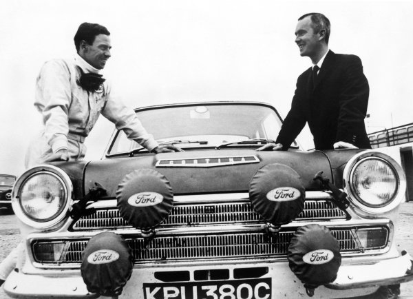 Boreham, England.
Jim Clark with co-driver, Brian Melia here with their works Lotus Cortina, portrait. 
World Copyright: LAT Photographic.
Ref:  Autocar Used Pic 30th September 1966 Pg 703.