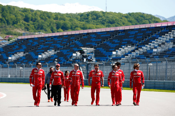 Sochi Autodrom, Sochi, Russia.
Thursday 27 April 2017.
Sebastian Vettel, Ferrari, conducts a track walk with colleagues, including Jock Clear, Engineering Director, Ferrari. 
World Copyright: Andy Hone/LAT Images
ref: Digital Image _ONY8659