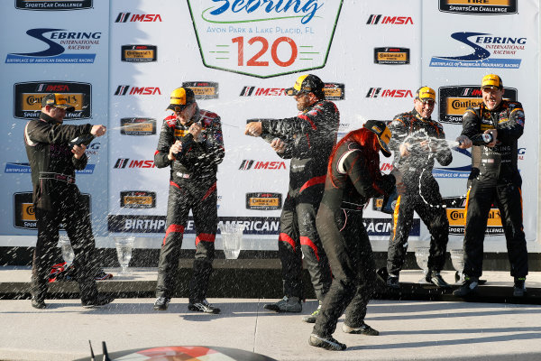 2017 IMSA Continental Tire SportsCar Challenge
Visit Sebring 120
Sebring International Raceway, Sebring, FL USA
Friday 17 March 2017
44, Nissan, Altima, ST, Sarah Cattaneo, Owen Trinkler, 17, Porsche, Porsche Cayman, ST, Spencer Pumpelly, Nick Galante, 56, Porsche, Porsche Cayman, ST, Jeff Mosing, Eric Foss, podium, champagne
World Copyright: MIchael L. Levitt
LAT Images
ref: Digital Image levitt_seb_0317-15533