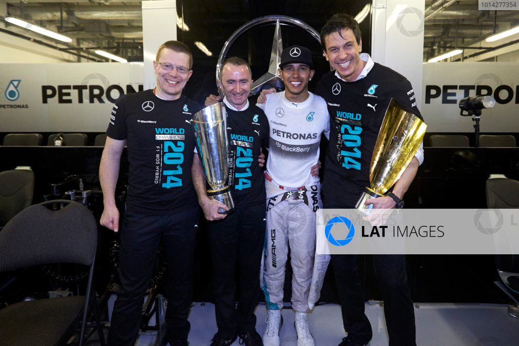 Yas Marina Circuit, Abu Dhabi, United Arab Emirates.
Sunday 23 November 2014.
Andy Cowell, Paddy Lowe, Lewis Hamilton and Toto Wolff, Mercedes AMG, celebrate championship victory.
World Copyright: Steve Etherington/LAT Photographic.
ref: Digital Image SNE13550 Yas Marina Circuit, Abu Dhabi, United Arab Emirates.
Sunday 23 November 2014.
Andy Cowell, Paddy Lowe, Lewis Hamilton and Toto Wolff, Mercedes AMG, celebrate championship victory.
World Copyright: Steve Etherington/LAT Photographic.
ref: Digital Image SNE13550