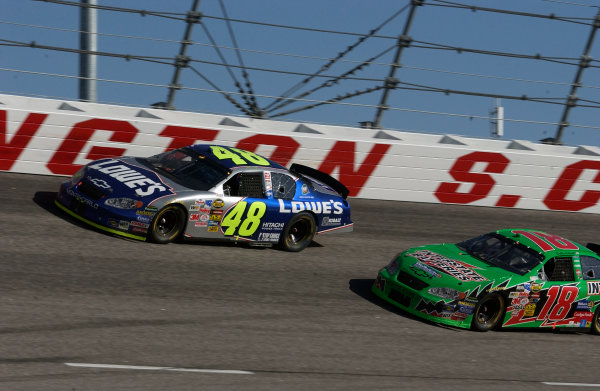 19-21 March 2004,Darlington Raceway,USA,
Dodge Dealers 400,
Bobby Labonte getting a nose under Jimmie Johnson,
Copyright-Robt
LeSieur 2004
LAT Photographic